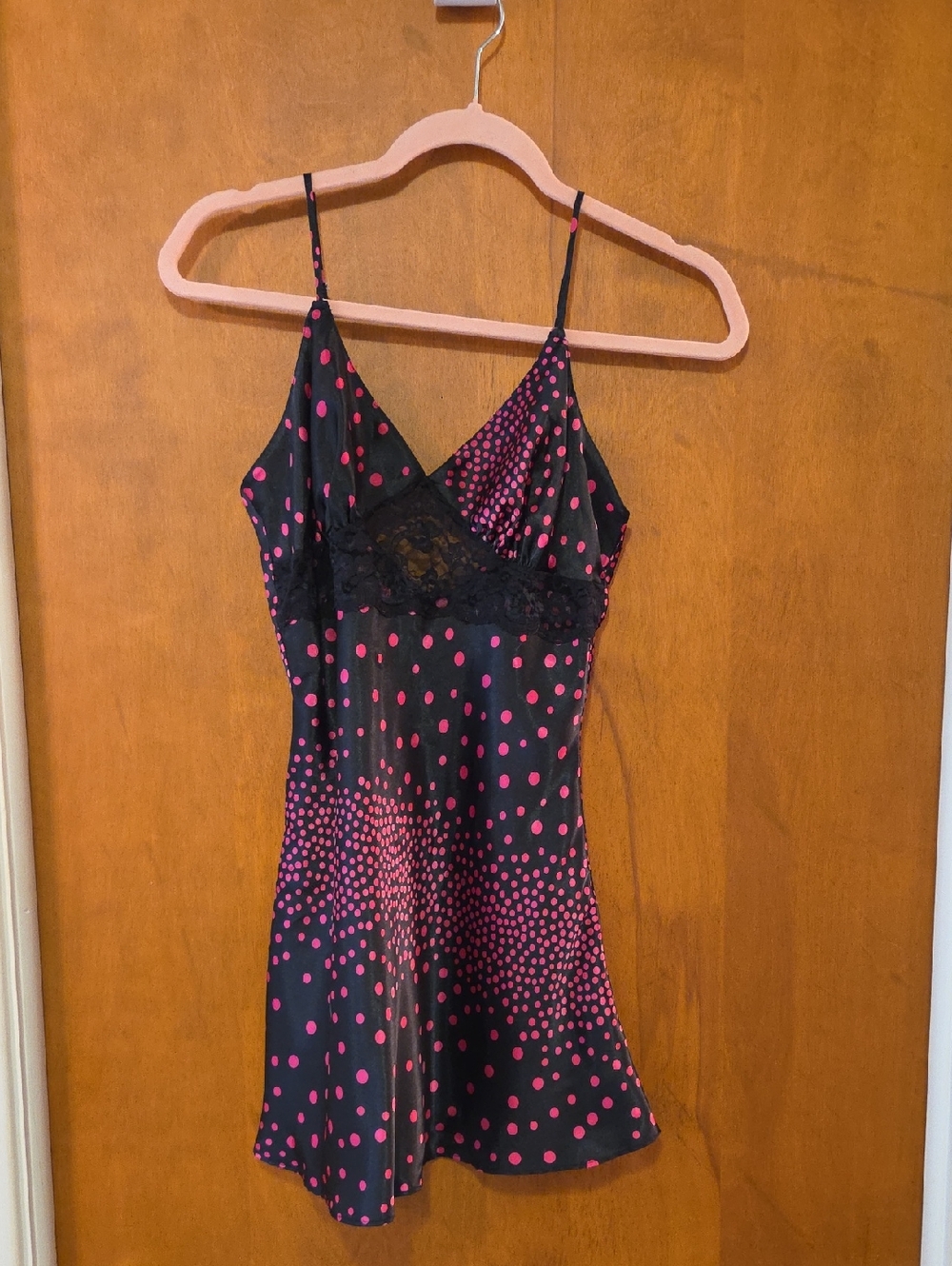 Frederick's of Hollywood Black Slip Dress with Pink Polka Dots